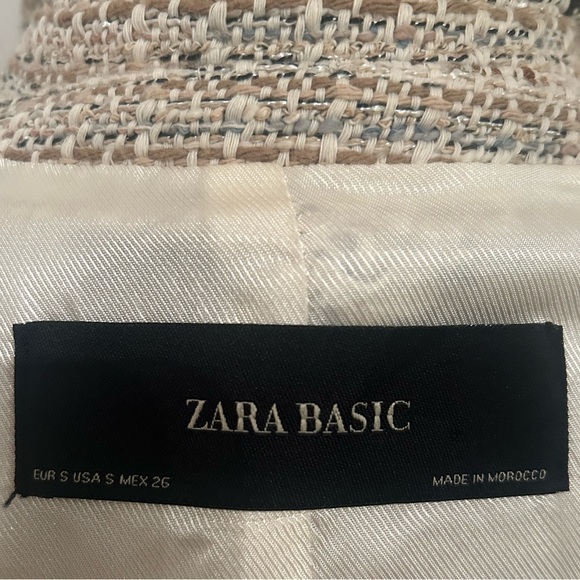 ZARA Tweed Open Blazer Jacket Tan Cream Sz Small - Picture 4 of 16